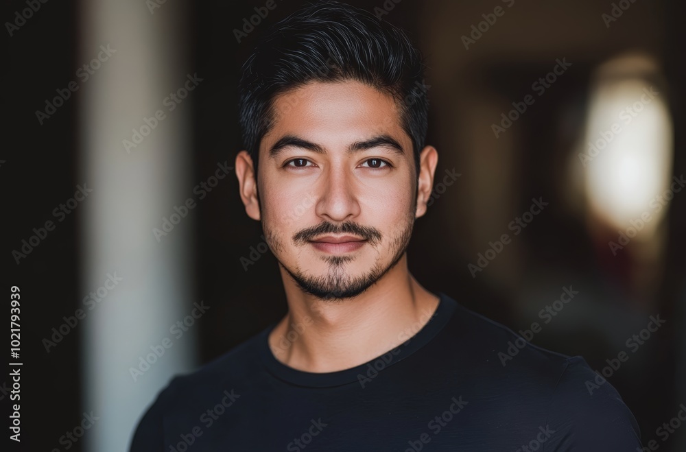 Obraz premium A young man with a trimmed beard poses confidently against a softly lit background, showcasing his calm demeanor and style