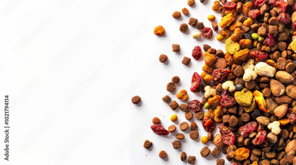 A vibrant mix of dry pet food covers part of a bright white background, highlighting different shapes and ingredients meant for pet nutrition and enjoyment A vibrant mix of dry pet food covers part of a bright white background, highlighting different shapes and ingredients meant for pet nutrition and enjoyment