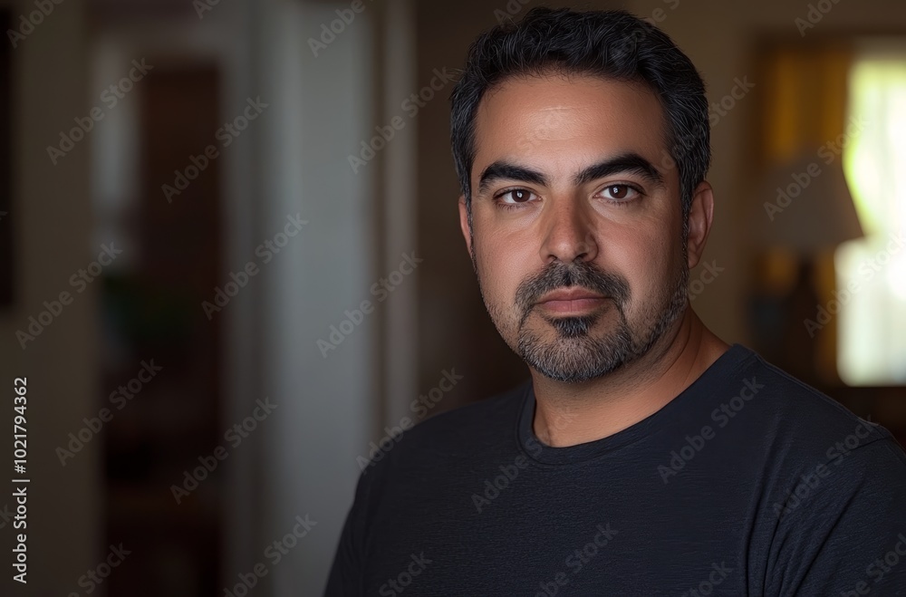 Obraz premium A confident individual stands in a softly lit room, showcasing a relaxed demeanor and engaging gaze