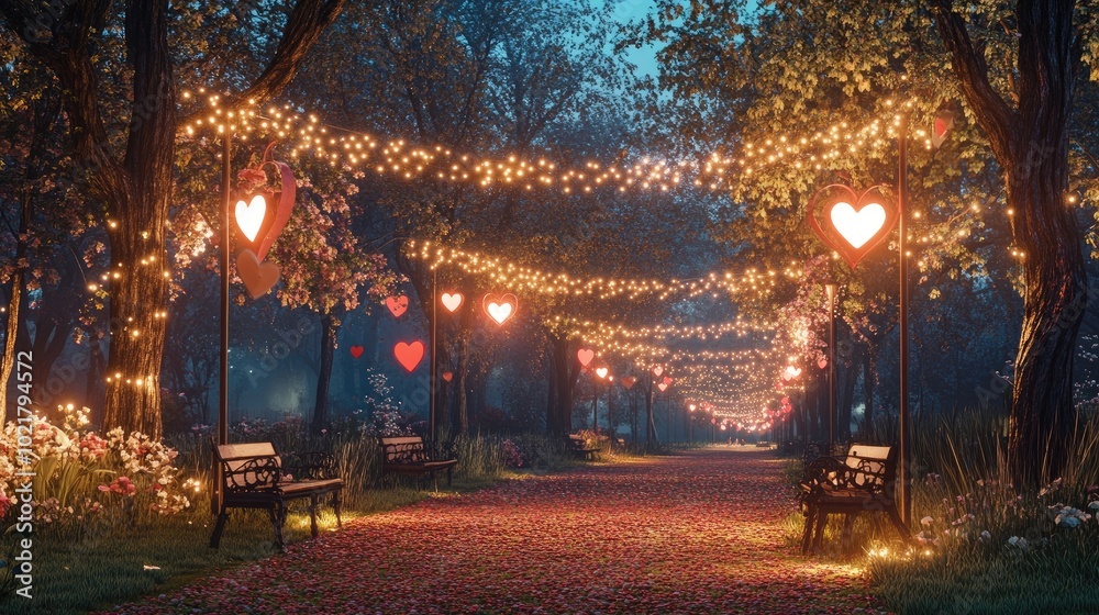 A scenic view of a park decorated with string lights and hearts A scenic view of a park decorated with string lights and hearts