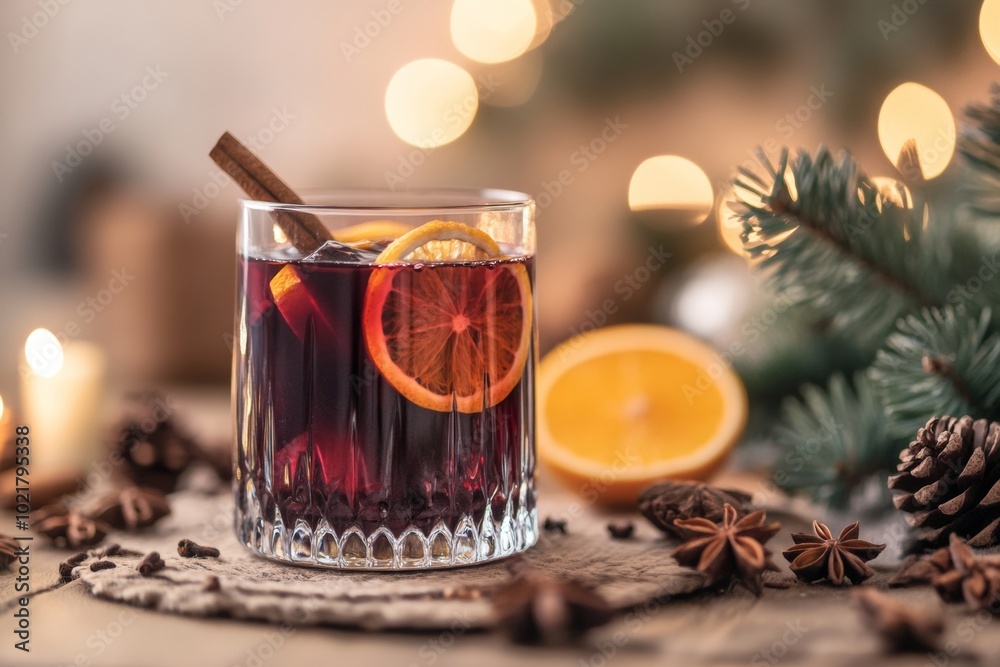 Festive warm beverage with spices and citrus served in a glass surrounded by holiday decorations and soft lighting Festive warm beverage with spices and citrus served in a glass surrounded by holiday decorations and soft lighting