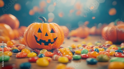 Candy and happy pumpkins spread across a table in a fun Halloween background, viewed from the back..