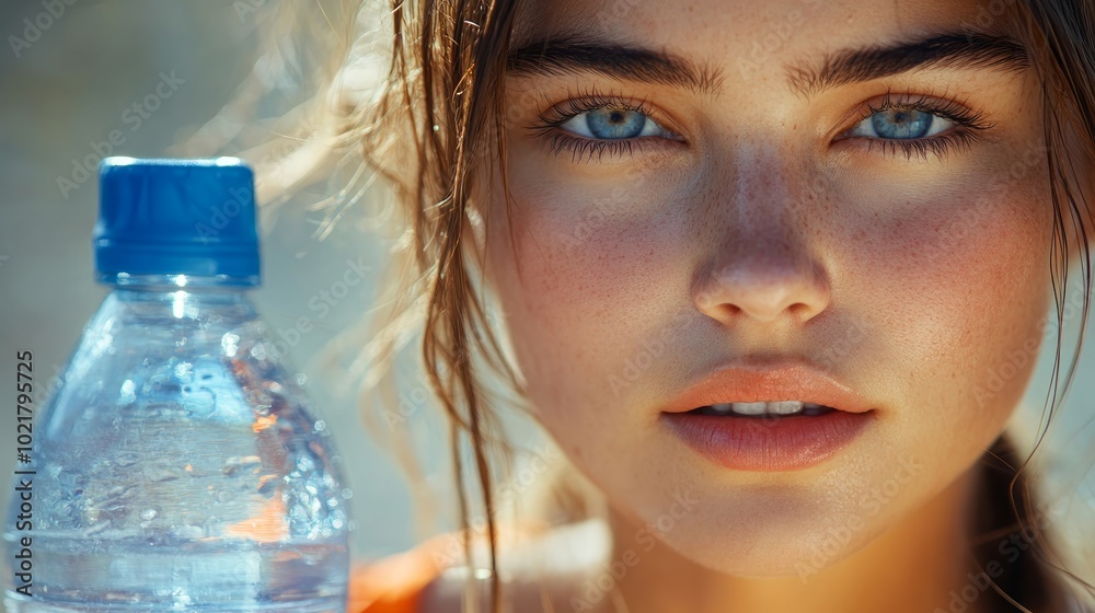 Close up portrait of a young woman with blue eyes looking at the camera, holding a water bottle in front of her shoulder. Close up portrait of a young woman with blue eyes looking at the camera, holding a water bottle in front of her shoulder.