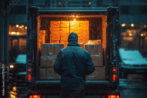 A delivery driver stands in the back of a truck, illuminated by the interior light, surrounded by boxes in a snowy city at night.