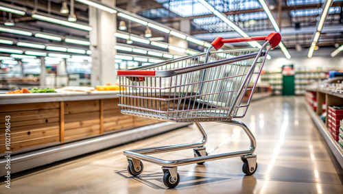 empty shopping cart in supermarket produce section 