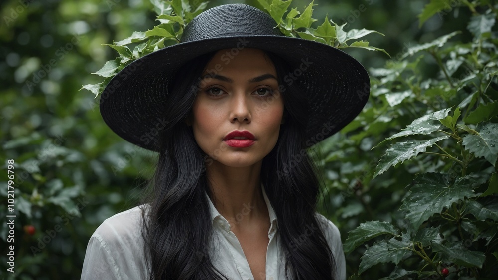 Young Asian woman with long dark hair wearing large black hat in lush green environment Young Asian woman with long dark hair wearing large black hat in lush green environment