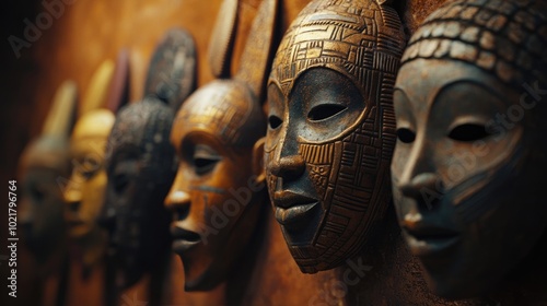 A series of African masks on display in front of a rich, earthy background photo