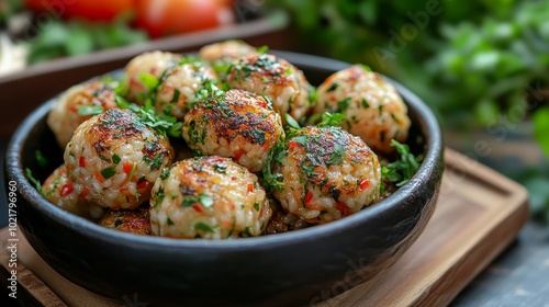 Close-up of a bowl of savory rice balls garnished with parsley, served on a wooden board with fresh tomatoes and herbs in the background.