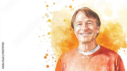Old White Man with Brown Straight Hair watercolor illustration.
