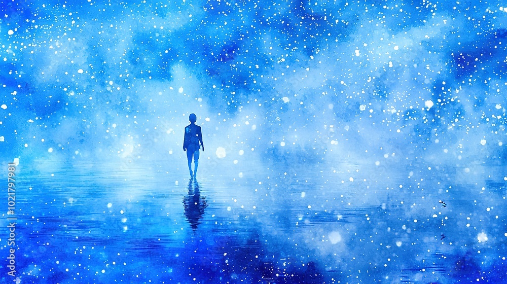 A figure stands amidst a tranquil expanse of water under a celestial canopy adorned with twinkling stars A figure stands amidst a tranquil expanse of water under a celestial canopy adorned with twinkling stars