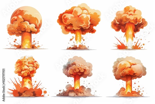 Massive atomic blasts and mushroom cloud isolated on white for dramatic effect