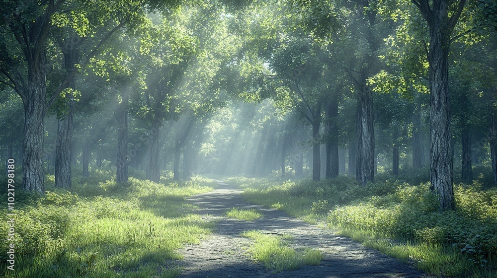Naklejka premium Serene forest path illuminated by soft sunlight.