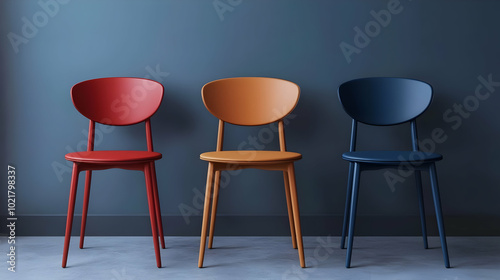 Three Colorful Chairs in a Room 3D Illustration