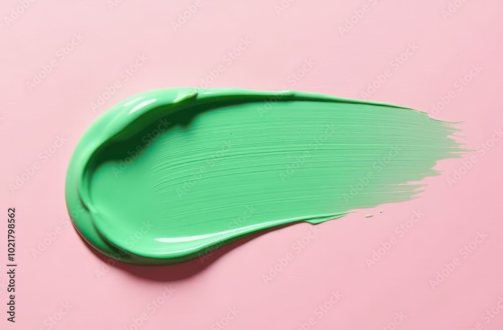 Fototapeta premium Oil or cream or scrub macro green texture smears. Skincare Texture Swatch. Natural gel smears or drops placed on pastel pink background. Face Cream. Cleanser Serum Treatment. Pastel colors.