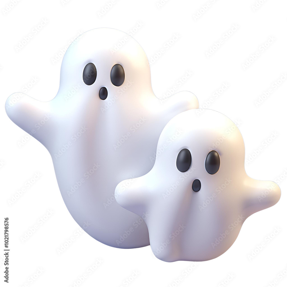 Ghostly Duo: A playful 3D rendering of two adorable ghosts, one large and one small, adding a touch of whimsy to your Halloween designs. Perfect for spooky season, decorations. Ghostly Duo: A playful 3D rendering of two adorable ghosts, one large and one small, adding a touch of whimsy to your Halloween designs. Perfect for spooky season, decorations.