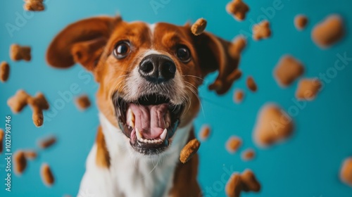 A cheerful dog with a wide smile sits surrounded by flying treats, clearly enjoying playtime in a lively, colorful environment filled with joy and enthusiasm photo