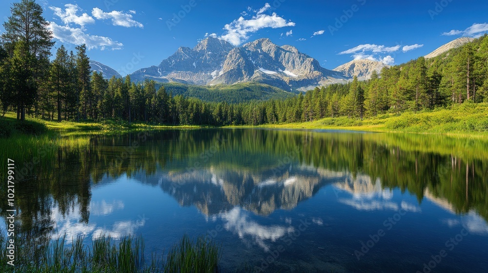 A serene mountain lake with crystal clear water reflecting the majestic peak and fluffy clouds in a picturesque panorama. A serene mountain lake with crystal clear water reflecting the majestic peak and fluffy clouds in a picturesque panorama.