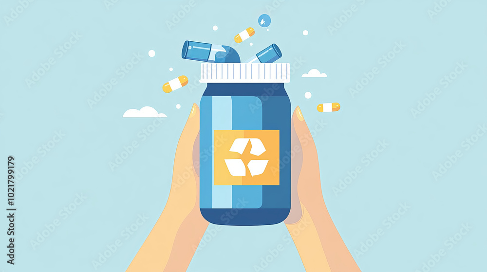 A simple illustration of a medicine bottle being recycled. This image is perfect for websites, banners, flyers, and other materials.