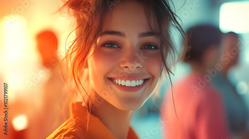 Smiling Woman With Messy Hair, Orange Shirt, Close Up Photo