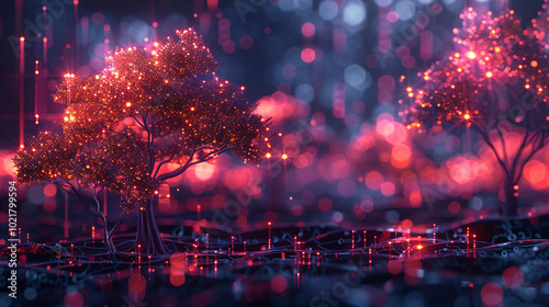 Futuristic Tech Plant in Virtual Environment with Glowing Nodes and Wireframe Structures for Text Overlay