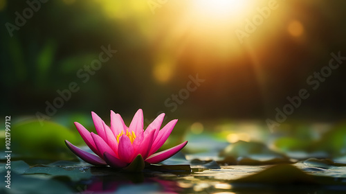 Wallpaper Mural A vibrant pink lotus flower in a serene pond at sunrise. Torontodigital.ca