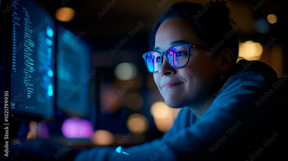 Mujer programadora trabajando en la computadora por la noche Mujer programadora trabajando en la computadora por la noche