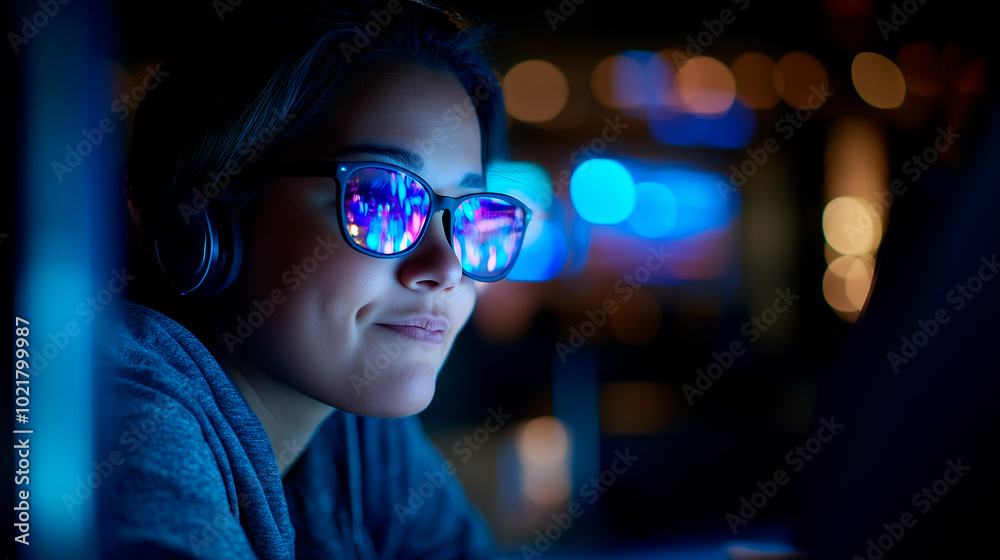 Mujer programadora trabajando en la computadora por la noche Mujer programadora trabajando en la computadora por la noche