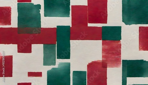 Vibrant abstract pattern with overlapping squares in shades of red, green, and white, creating a bold and dynamic design, Generative AI.