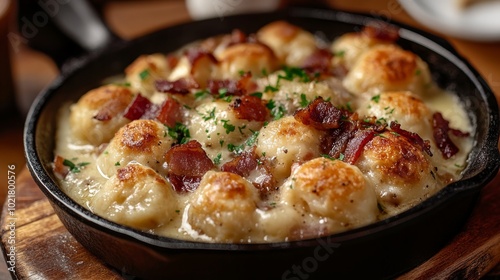 Close-up of a skillet filled with cheesy, golden brown potato dumplings topped with crispy bacon and fresh parsley. photo