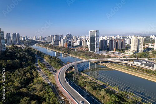 Aerial view of Burlemax Park alongside Marginal Pinheiros in São Paulo with commercial buildings in the background photo