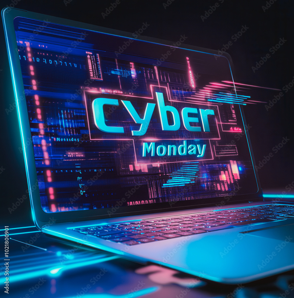 A laptop screen with the words Cyber Monday written on it A laptop screen with the words Cyber Monday written on it