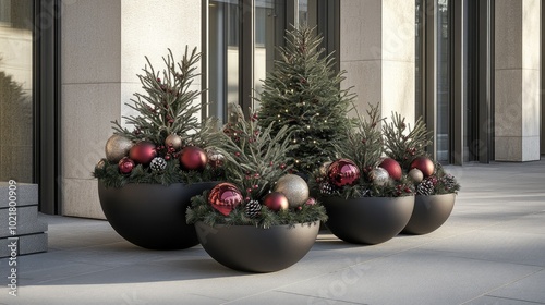 Two black glossy planters stand beside a modern home entrance, decorated with festive Christmas ornaments and greenery, illuminated by warm sunlight.