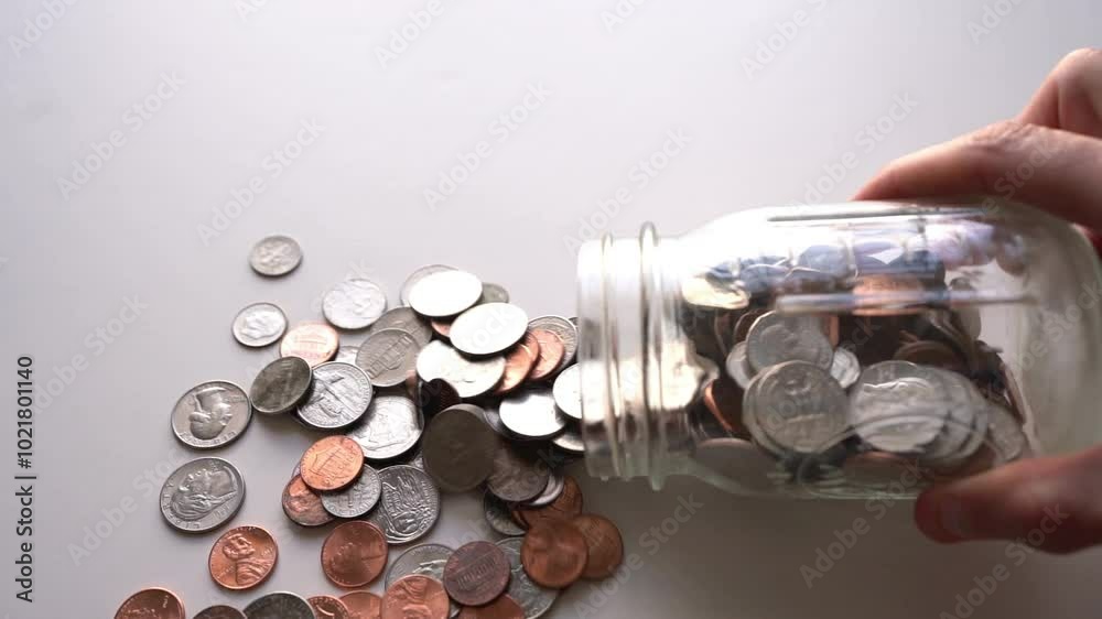 A coin jar with US coins tipping over in slow motion