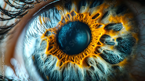 Macro Photography of a Human Eye with Yellow and Blue Iris