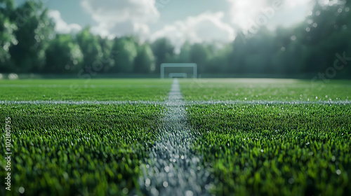 Green Grass Field with White Line and Goal Post in Background 3D Illustration