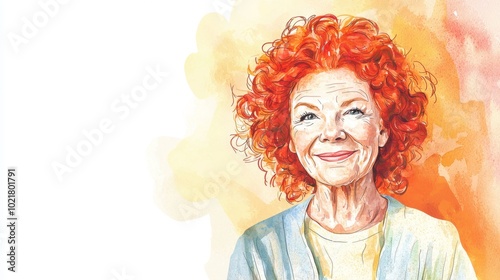 Old White Woman with Red Curly Hair watercolor illustration.