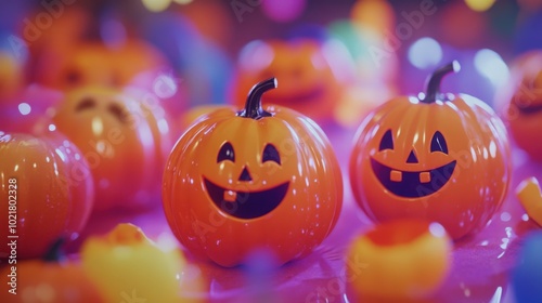 Colorful pumpkins with smiling faces in a fun Halloween background, captured in close-up