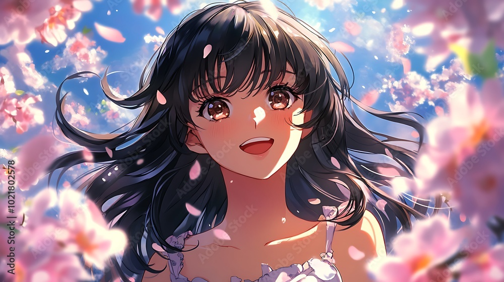 Anime girl smiling with cherry blossom petals in the air. Anime girl smiling with cherry blossom petals in the air.