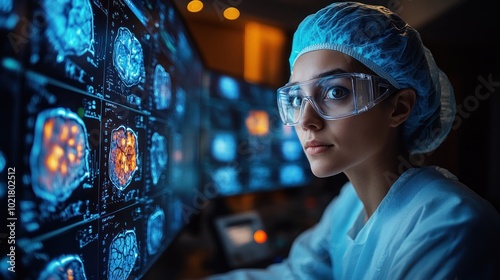 A female scientist in a lab coat and goggles looks intently at a computer screen showing a series of brain scans.