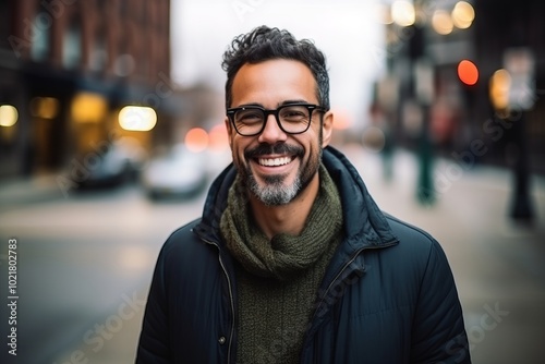 Portrait of a handsome man smiling at the camera in the street