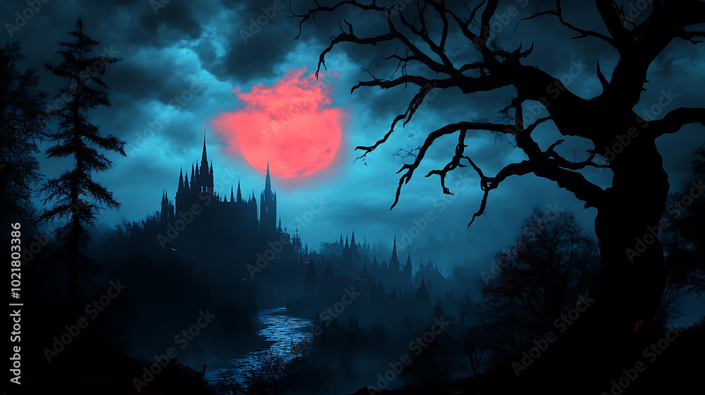 Fototapeta premium Gothic landscape with a full moon, dark trees, and mysterious castle silhouette.