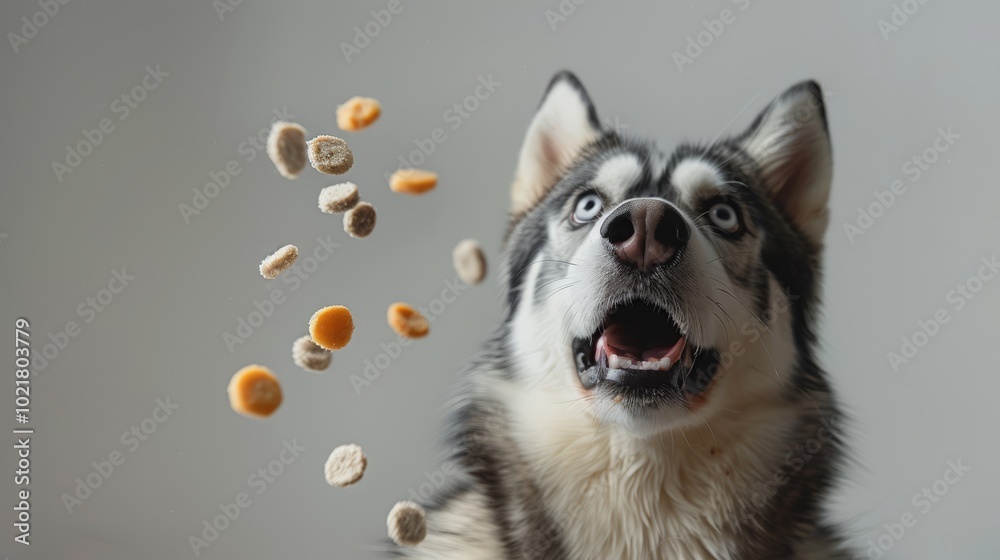 Obraz premium This husky dog shows pure joy as it eagerly catches falling treats mid-air, its happy expression brightening a cozy indoor setting