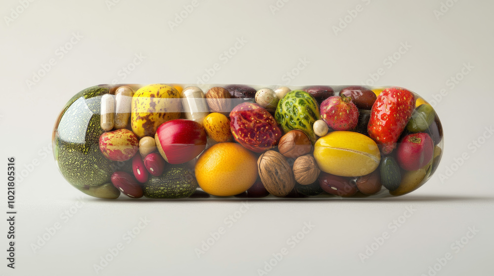 A vitamin pill packed with fruits, vegetables, nuts, and beans. It's a natural way to boost your health, like a tasty and convenient medicine. A vitamin pill packed with fruits, vegetables, nuts, and beans. It's a natural way to boost your health, like a tasty and convenient medicine.