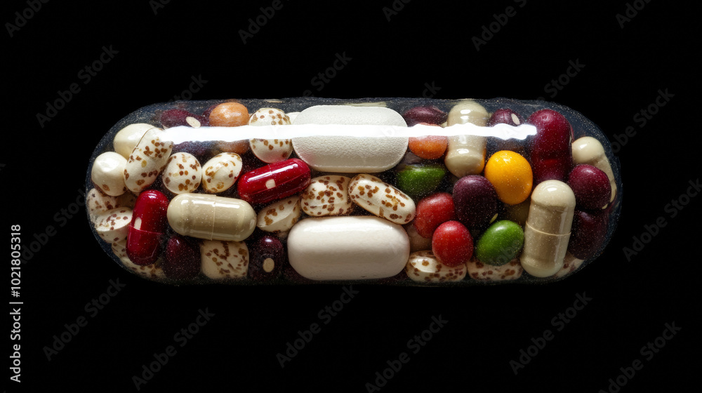 A vitamin pill packed with fruits, vegetables, nuts, and beans. It's a natural way to boost your health, like a tasty and convenient medicine. A vitamin pill packed with fruits, vegetables, nuts, and beans. It's a natural way to boost your health, like a tasty and convenient medicine.