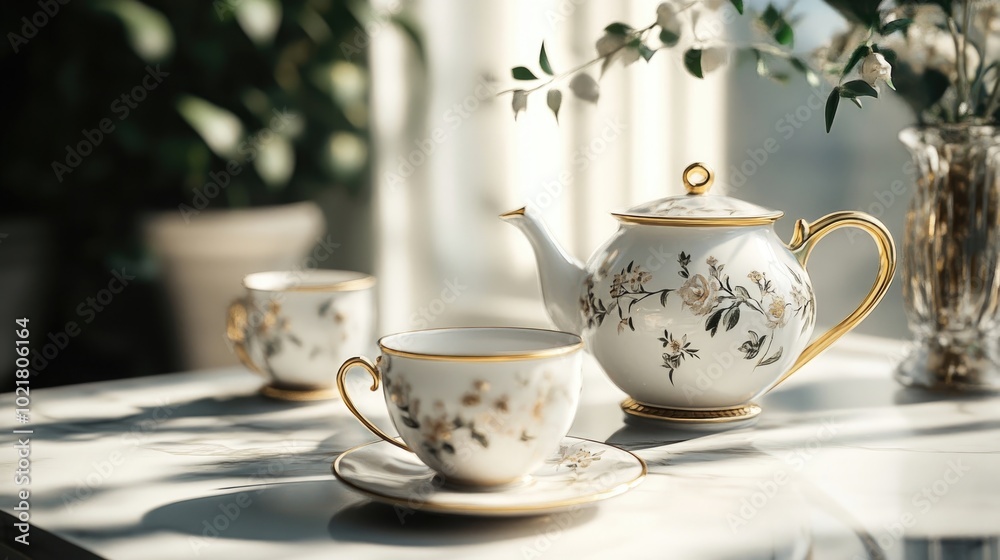 A tea set with delicate floral engravings on a white marble counter A tea set with delicate floral engravings on a white marble counter