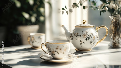 A tea set with delicate floral engravings on a white marble counter