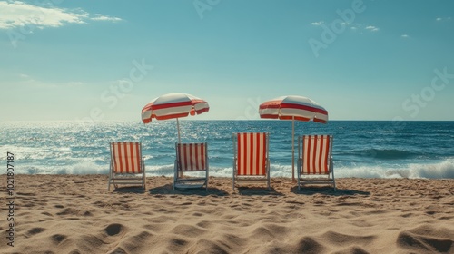 A tranquil beach scene with beach chairs and umbrellas in patriotic colors, set against the ocean photo