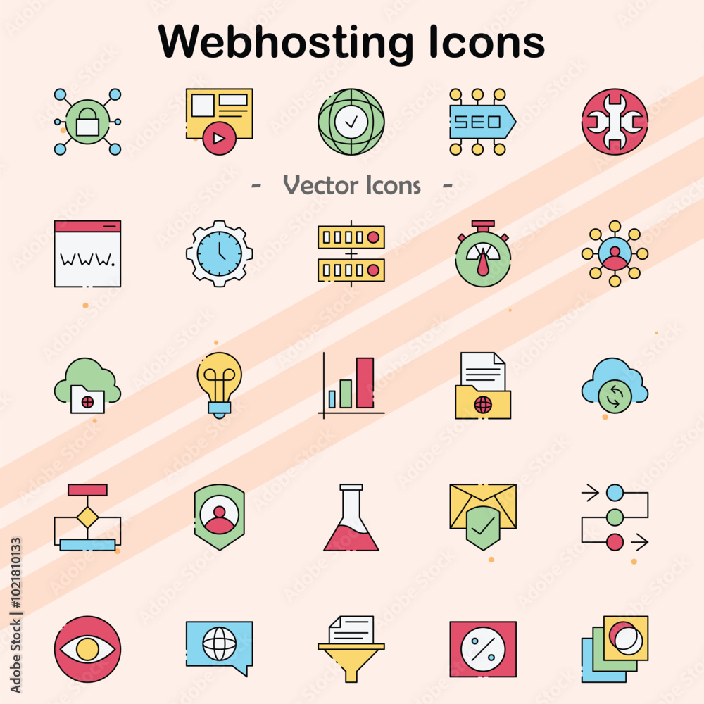 Icons representing web hosting services and technologies.
