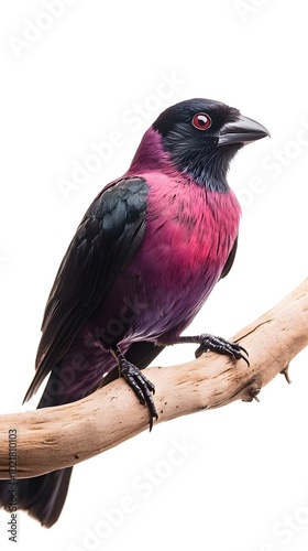 Purple-throated Fruitcrow Bird Perched on a Branch on White Background, Wallpaper, Cover and Screen for Smartphone, PC, Laptop, 9:16 and 16:9 Format photo