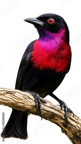 Purple-throated Fruitcrow Bird Perched on a Branch on White Background, Wallpaper, Cover and Screen for Smartphone, PC, Laptop, 9:16 and 16:9 Format photo